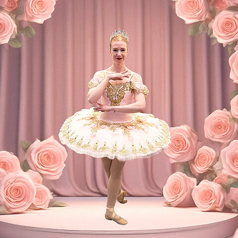 Susie poses in her Rose Queen costume: a pale pink tutu with gold embellishments and a tiara